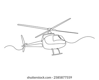 Continuous line art drawing of helicopter air transportation. Helicopter flight line art drawing vector illustration. Editable stroke.