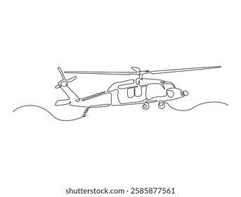 Continuous line art drawing of helicopter air transportation. Helicopter flight line art drawing vector illustration. Editable stroke.