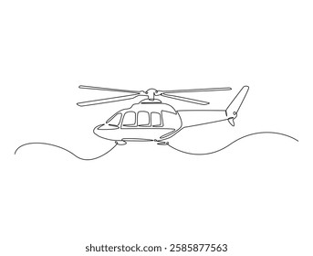 Continuous line art drawing of helicopter air transportation. Helicopter flight line art drawing vector illustration. Editable stroke.