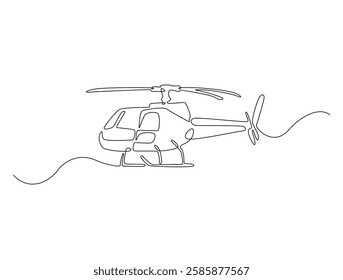 Continuous line art drawing of helicopter air transportation. Helicopter flight line art drawing vector illustration. Editable stroke.