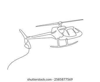 Continuous line art drawing of helicopter air transportation. Helicopter flight line art drawing vector illustration. Editable stroke.