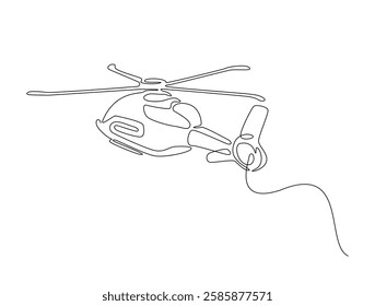 Continuous line art drawing of helicopter air transportation. Helicopter flight line art drawing vector illustration. Editable stroke.