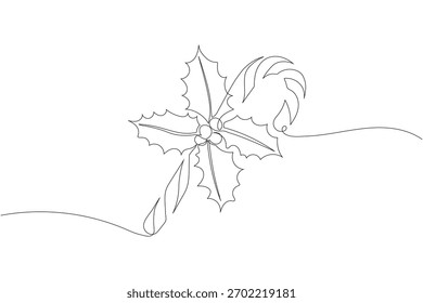 Continuous Line Art Drawing of Holly Berries and Candy Cane. Minimalist Christmas and New Year Decoration, editable stroke