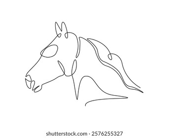 Continuous line art drawing of horse head design. Stallion head single line art drawing vector illustration. Editable stroke.