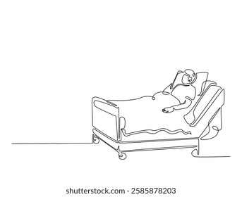 Continuous line art drawing of hospital patient in ward. Person lying in hospital bed line art drawing vector illustration. Editable stroke.