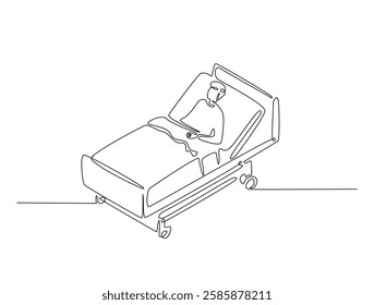 Continuous line art drawing of hospital patient in ward. Person lying in hospital bed line art drawing vector illustration. Editable stroke.