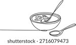 Continuous line art drawing of hot bowl of soup with spoon inside. One continuous line sketch of appetizer or healthy meal served hot. Simple single line illustration of comfort food dish with second spoon on side.
