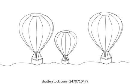 Continuous line art drawing of hot air balloons. Hand-drawn air balloons flying icon outline.