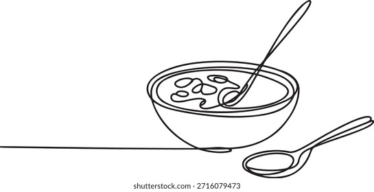 Desenho de arte de linha contínua de tigela quente de sopa com colher dentro. Um esboço de linha contínua de aperitivo ou refeição saudável servia quente. Simples ilustração de linha única de prato de comida de conforto com segunda colher ao lado.