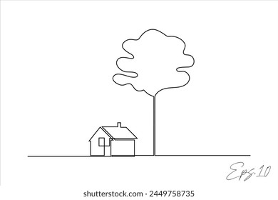 continuous line art drawing of house with tree