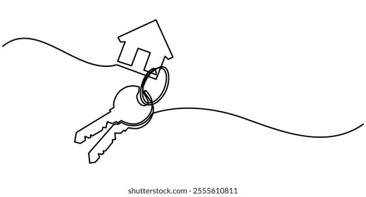 continuous line art drawing of a house with a key, Set of keys against white background, Continuous one line art drawing symbol of house keys, Real Estate Line Icon Vector Design, Continuous One Line.