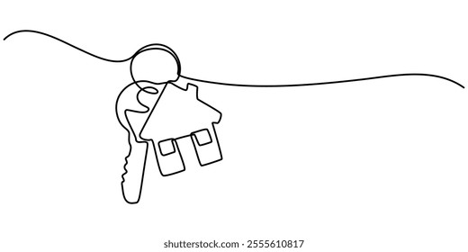 continuous line art drawing of a house with a key, Set of keys against white background, Continuous one line art drawing symbol of house keys, Real Estate Line Icon Vector Design, Continuous One Line.