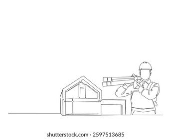 Continuous line art drawing of house and repairman with woods. Carpenter and house in one line drawing illustration. Editable stroke.