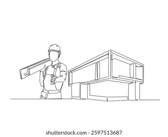 Continuous line art drawing of house and repairman with woods. Carpenter and house in one line drawing illustration. Editable stroke.