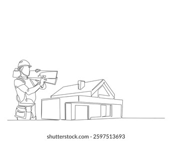 Continuous line art drawing of house and repairman with woods. Carpenter and house in one line drawing illustration. Editable stroke.
