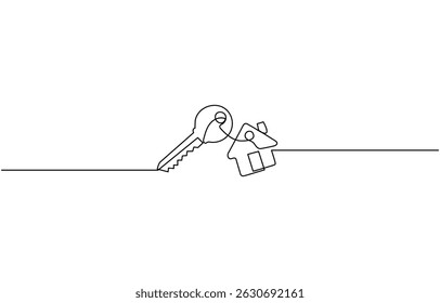 continuous line art drawing of a house with a key, Set of keys against white background, house keys, Real Estate Line Icon Vector continuous one line drawing