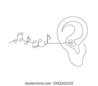 Continuous line art drawing of human ear with music notes. Listening music notes outline drawing vector illustration. Music therapy concept. Editable stroke.
