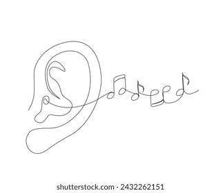 Continuous line art drawing of human ear with music notes. Listening music notes outline drawing vector illustration. Music therapy concept. Editable stroke.
