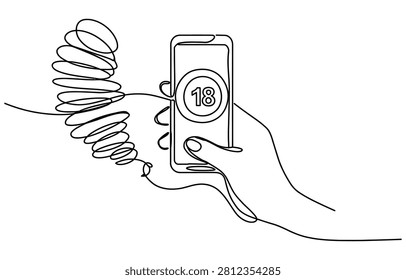 Continuous line art drawing of a human hand holding a mobile phone showing number eighteen on the digital screen Vector, illustration