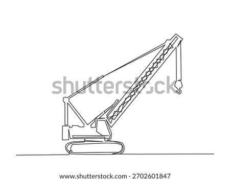Continuous line art drawing of hydraulic crawler crane heavy vehicle. Crawler Crane in single outline illustration. 