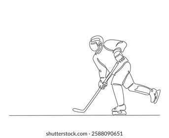 Continuous line art drawing of ice hockey player illustration. Hockey player in one line drawing design. Editable stroke.