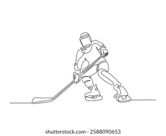 Continuous line art drawing of ice hockey player illustration. Hockey player in one line drawing design. Editable stroke.