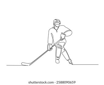 Continuous line art drawing of ice hockey player illustration. Hockey player in one line drawing design. Editable stroke.