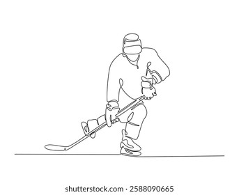 Continuous line art drawing of ice hockey player illustration. Hockey player in one line drawing design. Editable stroke.