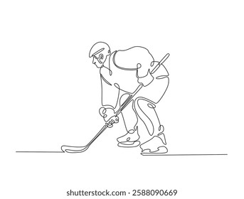 Continuous line art drawing of ice hockey player illustration. Hockey player in one line drawing design. Editable stroke.
