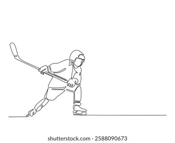 Continuous line art drawing of ice hockey player illustration. Hockey player in one line drawing design. Editable stroke.