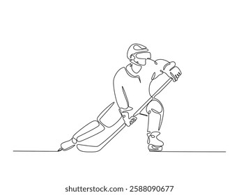 Continuous line art drawing of ice hockey player illustration. Hockey player in one line drawing design. Editable stroke.