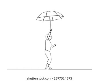 Continuous line art drawing of kid holding umbrella. A boy walking with umbrella in one line drawing illustration. Editable stroke.
