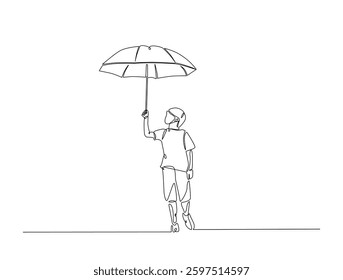 Continuous line art drawing of kid holding umbrella. A boy walking with umbrella in one line drawing illustration. Editable stroke.