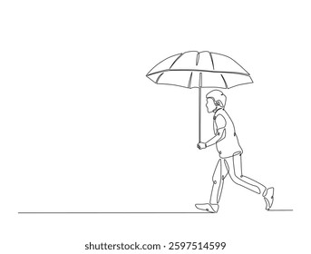 Continuous line art drawing of kid holding umbrella. A boy walking with umbrella in one line drawing illustration. Editable stroke.