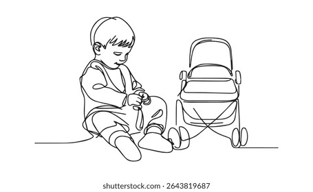 Continuous line art drawing of a kid with baby stroller illustration.