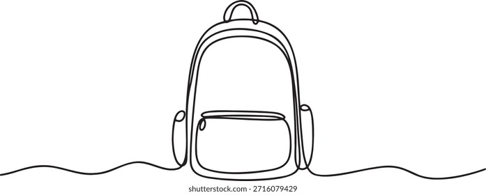 Kontinuierliche Linie Kunst Zeichnung von großen Schule Rucksack oder Reise Rucksack. Eine durchgehende Linie Skizze der Tasche mit Reißverschluss Taschen und Riemen. Einfache, einzeilige Darstellung des persönlichen Gepäcks für Studenten oder Wanderer.