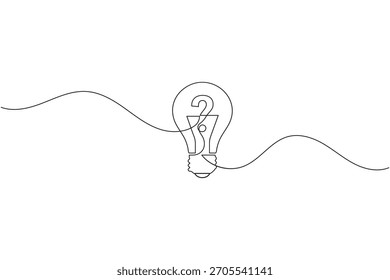 Desenho de arte de linha contínua de uma lâmpada com um ponto de interrogação