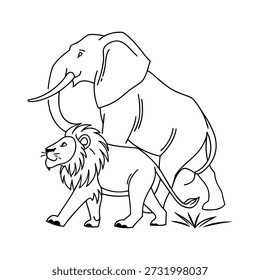 Continuous line art drawing of a lion and elephant symbolizing wildlife protection, simple outlines, no shading, white background.