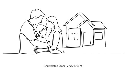 Un dibujo de arte lineal continuo de una familia amorosa abrazando junto a su nuevo Vector de casa, ilustración