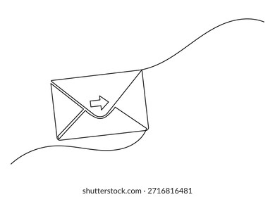 Dibujo continuo de un sobre de correo con una flecha que apunta hacia fuera para enviar