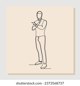 Continuous line art drawing of man crossing hands gesture say no stop rejection ban or enough.  single one line vector illustration