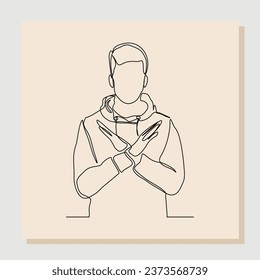 Continuous line art drawing of man crossing hands gesture say no stop rejection ban or enough.  single one line vector illustration