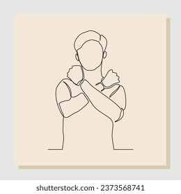 Continuous line art drawing of man crossing hands gesture say no stop rejection ban or enough.  single one line vector illustration