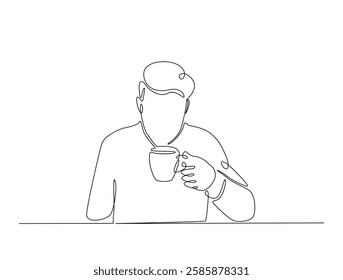 Continuous line art drawing of man drinking coffee. Young man enjoy the drink line art drawing vector illustration. Editable stroke.