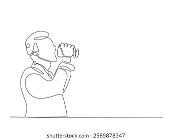 Continuous line art drawing of man drinking coffee. Young man enjoy the drink line art drawing vector illustration. Editable stroke.