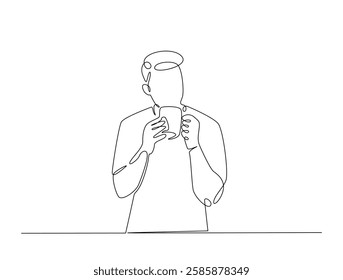 Continuous line art drawing of man drinking coffee. Young man enjoy the drink line art drawing vector illustration. Editable stroke.