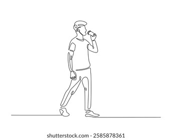 Continuous line art drawing of man drinking coffee. Young man enjoy the drink line art drawing vector illustration. Editable stroke.