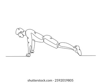 Continuous line art drawing of man doing push up illustration. Fitness activity concept in one line drawing vector design. Editable stroke.