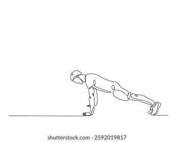 Continuous line art drawing of man doing push up illustration. Fitness activity concept in one line drawing vector design. Editable stroke.