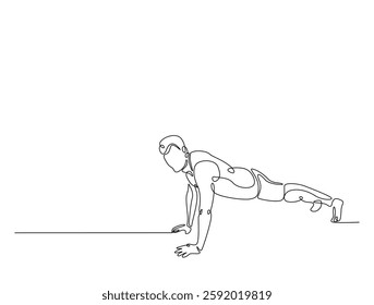 Continuous line art drawing of man doing push up illustration. Fitness activity concept in one line drawing vector design. Editable stroke.